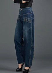 Bohemian Blue High Waist Flatering Zip Up Pockets Cotton Denim Pants Summer