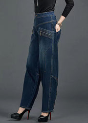 Bohemian Blue High Waist Flatering Zip Up Pockets Cotton Denim Pants Summer