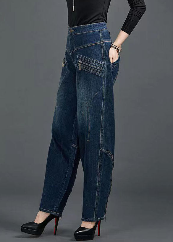 Bohemian Blue High Waist Flatering Zip Up Pockets Cotton Denim Pants Summer