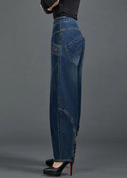 Bohemian Blue High Waist Flatering Zip Up Pockets Cotton Denim Pants Summer