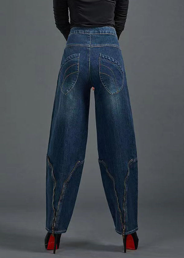 Bohemian Blue High Waist Flatering Zip Up Pockets Cotton Denim Pants Summer