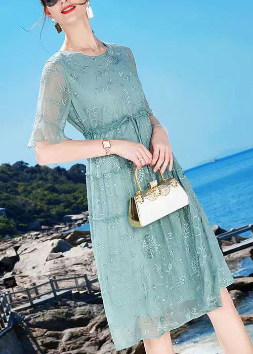 Bohemian Blue O-Neck Embroideried Ruffled Tie Waist Silk Dress Summer