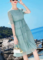 Bohemian Blue O-Neck Embroideried Ruffled Tie Waist Silk Dress Summer