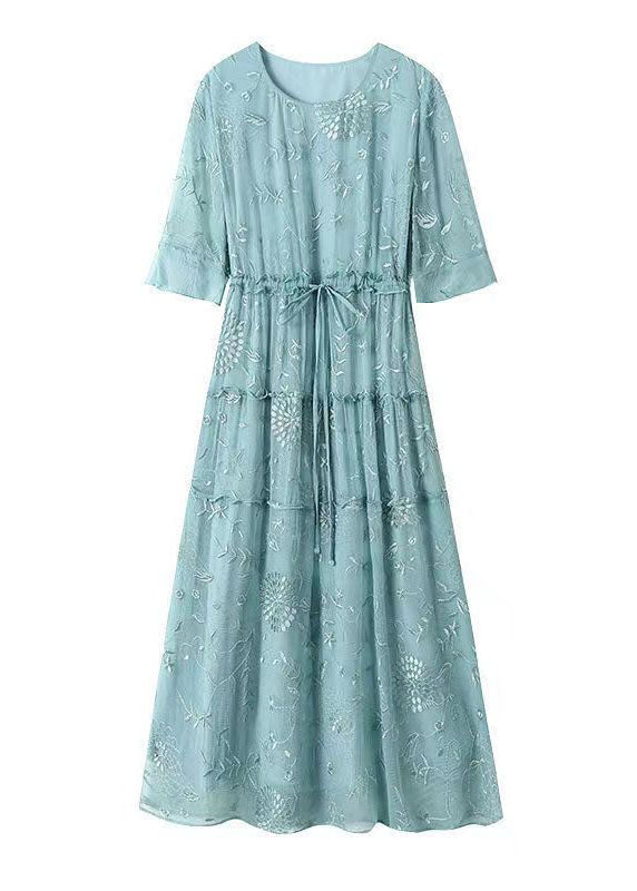 Bohemian Blue O-Neck Embroideried Ruffled Tie Waist Silk Dress Summer