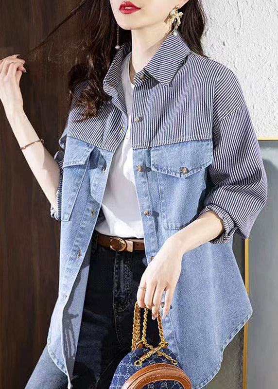 Bohemian Blue Peter Pan Collar Striped Patchwork Button Denimn Coats Fall