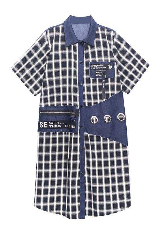 Bohemian Blue Plaid Patchwork Peter Pan Collar Summer Cotton Dress - bagstylebliss