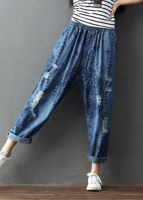 Bohemian Blue Pockets Print Hole Fall Cotton Pants - bagstylebliss