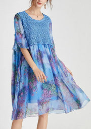 Bohemian Blue Print Chiffon Patchwork Summer Dresses - bagstylebliss