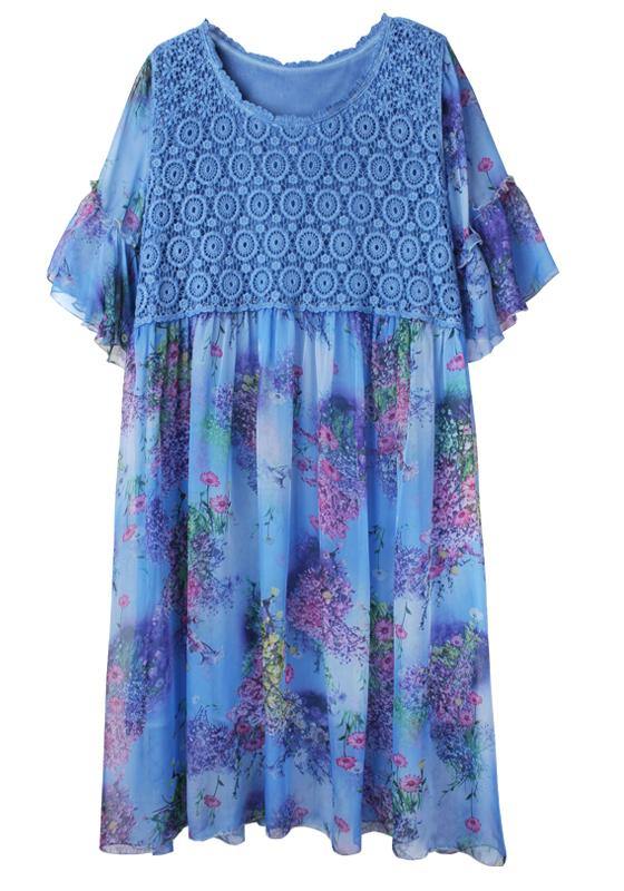 Bohemian Blue Print Chiffon Patchwork Summer Dresses - bagstylebliss