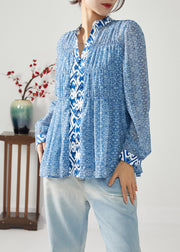 Bohemian Blue Print Patchwork Wrinkled Chiffon Blouses Spring