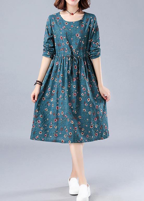 Bohemian Blue Print Robes O Neck Drawstring Daily Spring Dresses - bagstylebliss