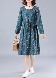 Bohemian Blue Print Robes O Neck Drawstring Daily Spring Dresses - bagstylebliss