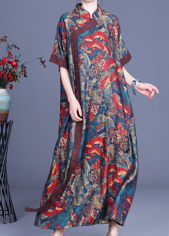 Bohemian Blue Print Silk Robe Dresses Spring