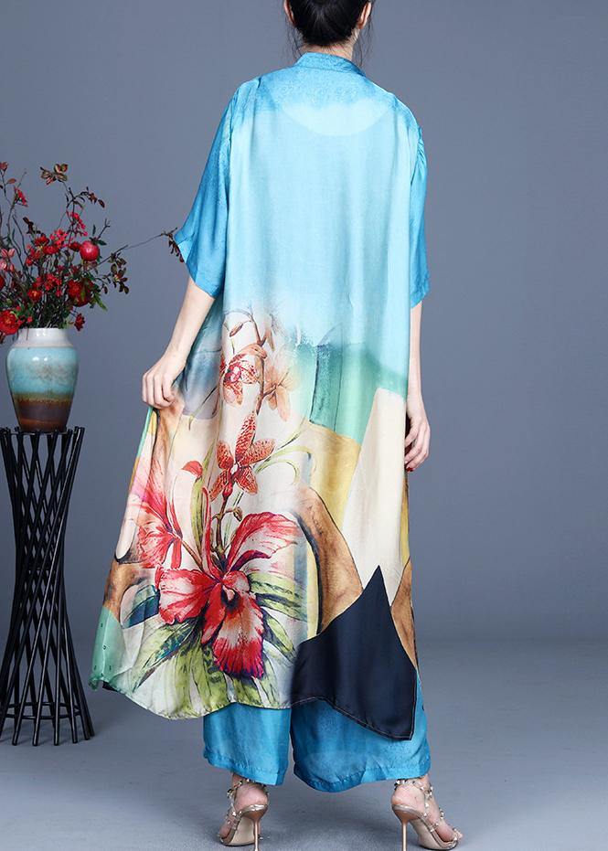 Bohemian Blue Print long Silk Two Pieces Set Summer - bagstylebliss