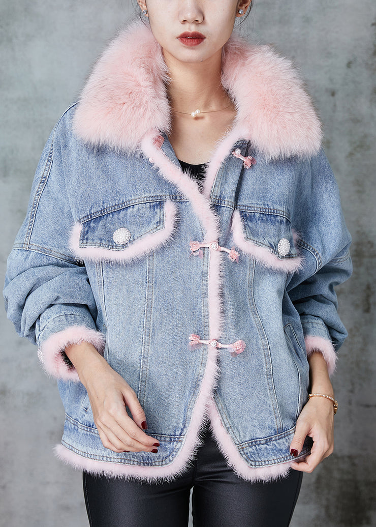 Bohemian Blue Raccoon Hair Collar Patchwork Fine Cotton Filled Denim Jackets Winter