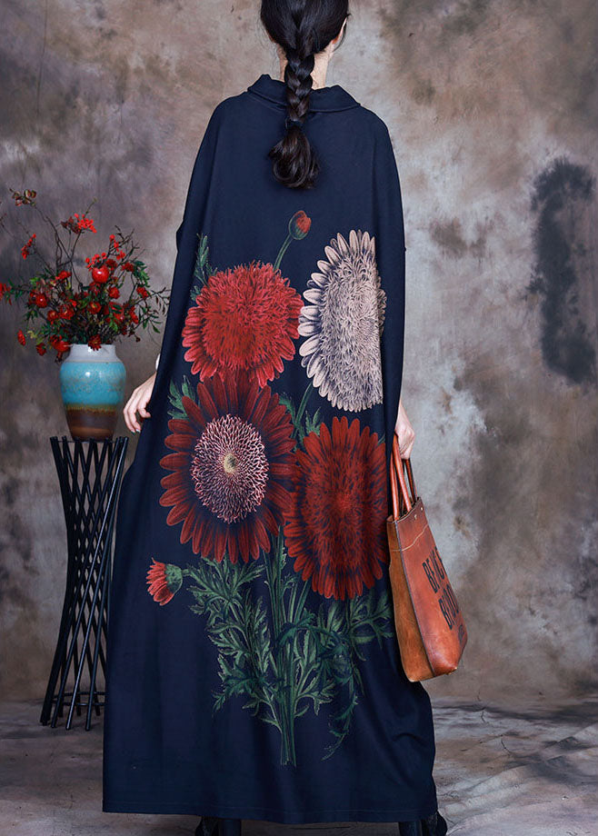 Bohemian Blue Turtle Neck Print Velour Robe Dresses Spring