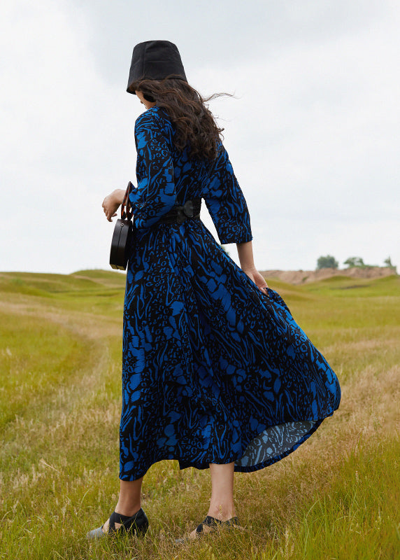 Bohemian Blue V Neck Print Cotton Robe Dresses Summer