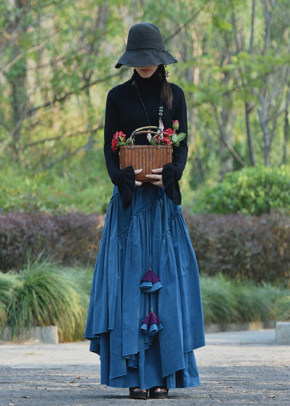 Bohemian Blue Wrinkled Asymmetrical Lace Up Corduroy Skirt Spring