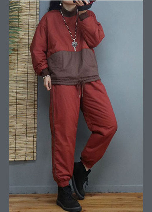 Bohemian Brick Red Patchwork Fine Cotton Filled Women Sets 2 Pieces Winter