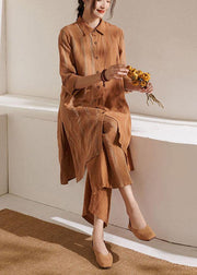 Bohemian Caramel Casual Side Open long shirts Wide Leg Summer Linen Two Pieces Set - bagstylebliss