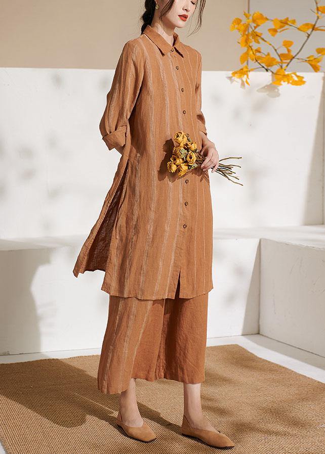 Bohemian Caramel Casual Side Open long shirts Wide Leg Summer Linen Two Pieces Set - bagstylebliss