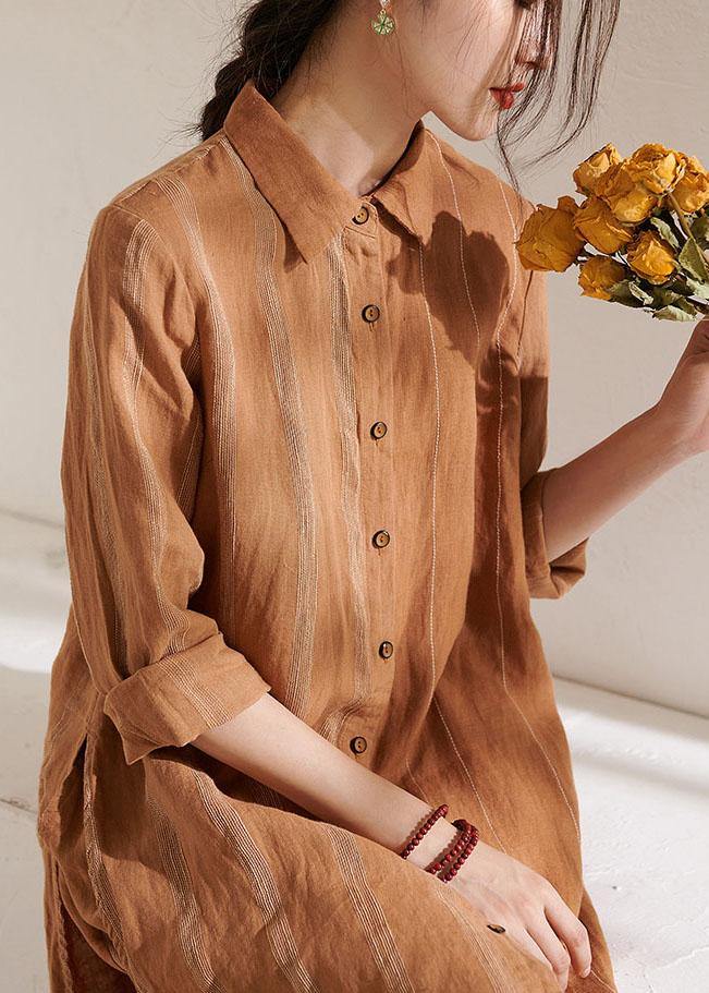 Bohemian Caramel Casual Side Open long shirts Wide Leg Summer Linen Two Pieces Set - bagstylebliss