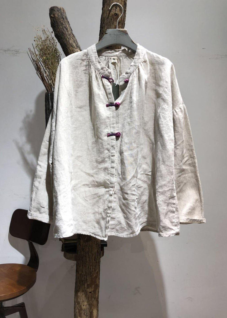 Bohemian Chinese Button linen tunics for women Christmas Gifts white tops fall - bagstylebliss