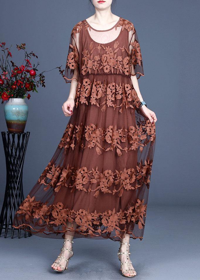 Bohemian Chocolate Embroideried Summer Lace Summer Dresses Half Sleeve - bagstylebliss
