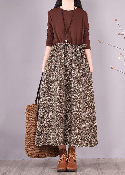 Bohemian Chocolate Patchwork Print Clothes For Women O Neck Maxi Spring Dress - bagstylebliss