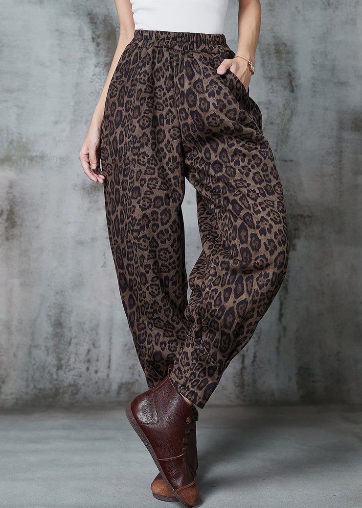 Bohemian Coffee Leopard Print Faux Suede Harem Pants Spring