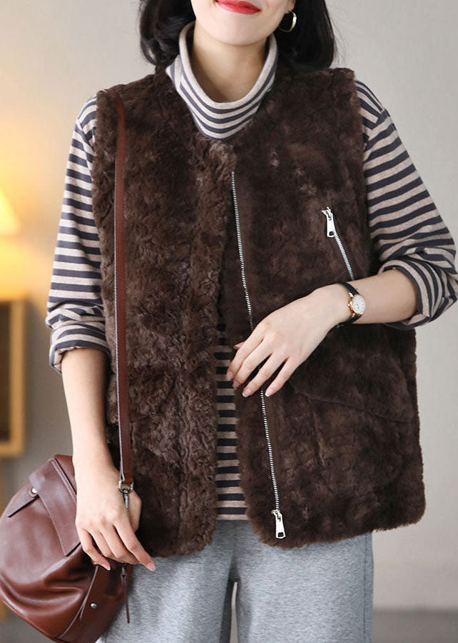 Bohemian Coffee O-Neck Pockets Warm Fuzzy Fur Fluffy Vest Spring