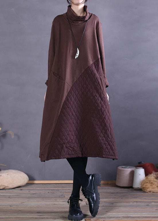 Bohemian Chocolate Turtle Neck Patchwork Cotton Dresses Spring