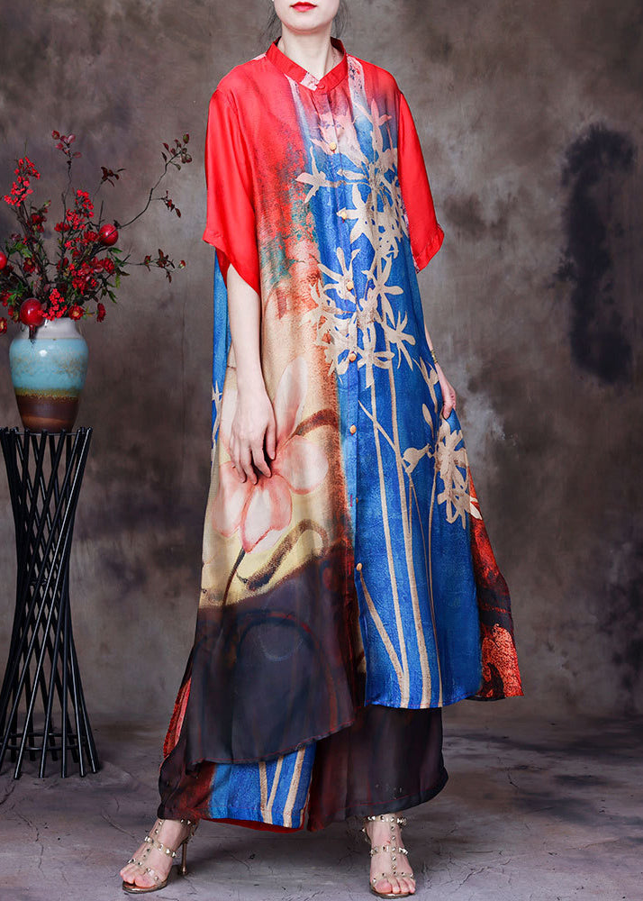 Bohemian Colorblock Stand Collar Button Print Side Open Silk Long Shirt And Wide Leg Pants 2 Piece Outfit Short Sleeve