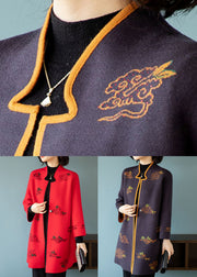 Bohemian Dark Purple Stand Collar Embroidered Patchwork Wool Coats Fall