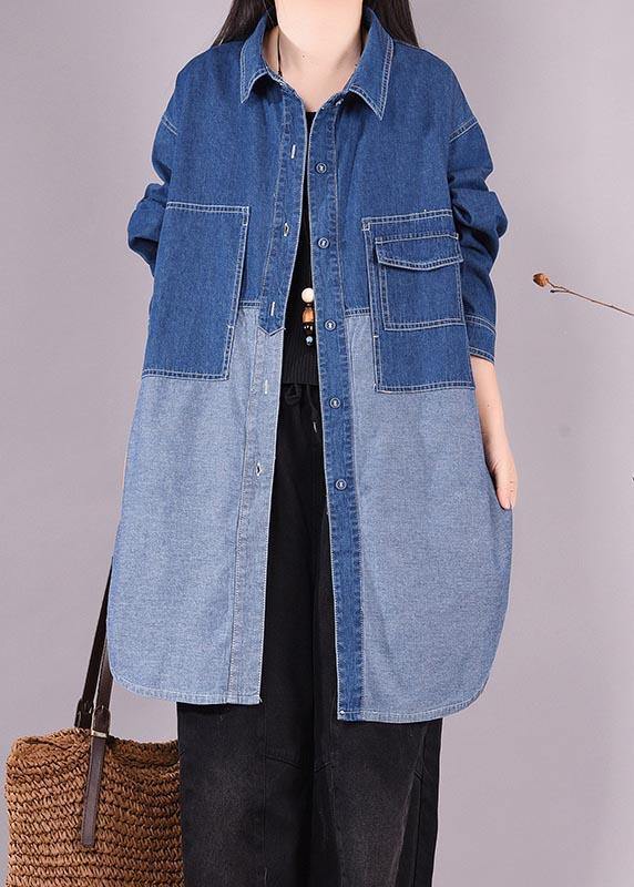 Bohemian Denim Light Blue Long Shirts Lapel Patchwork Oversized Blouse - bagstylebliss