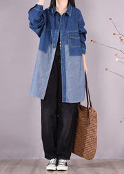 Bohemian Denim Light Blue Long Shirts Lapel Patchwork Oversized Blouse - bagstylebliss