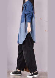 Bohemian Denim Light Blue Long Shirts Lapel Patchwork Oversized Blouse - bagstylebliss