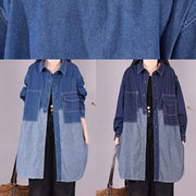 Bohemian Denim Light Blue Long Shirts Lapel Patchwork Oversized Blouse - bagstylebliss