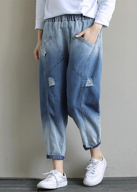 Bohemian Denim Light Blue Trousers Oversize Spring Elastic Waist Hole Work Pant - bagstylebliss