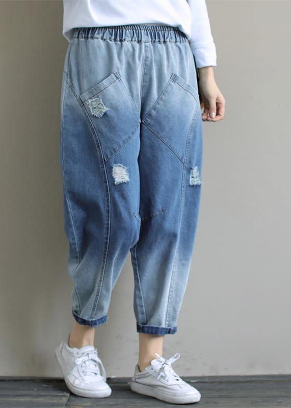 Bohemian Denim Light Blue Trousers Oversize Spring Elastic Waist Hole Work Pant - bagstylebliss