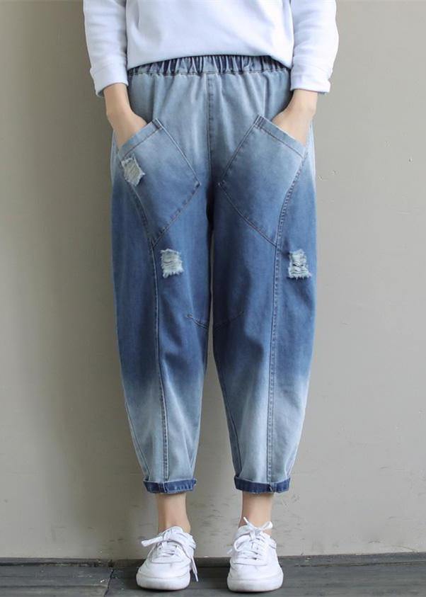 Bohemian Denim Light Blue Trousers Oversize Spring Elastic Waist Hole Work Pant - bagstylebliss