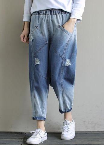 Bohemian Denim Light Blue Trousers Oversize Spring Elastic Waist Hole Work Pant - bagstylebliss