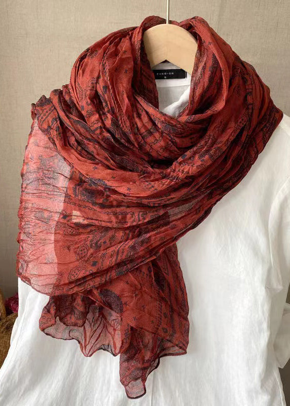 Bohemian Dull Red Print Wrinkled Linen Scarf