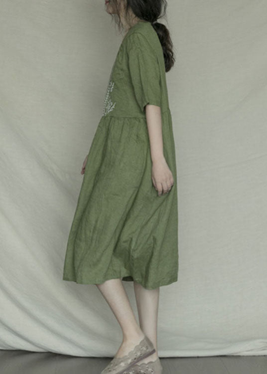 Bohemian Green Embroideried Casual Linen Dress Short Sleeve