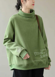 Bohemian Green Embroideried Turtle Neck Warm Fleece Sweatshirts Top Winter