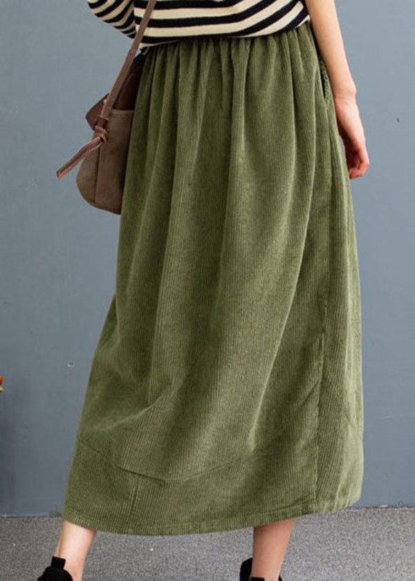 Bohemian Green High Waist Pockets Velour A Line Skirts Fall