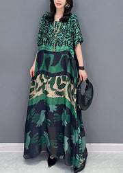 Bohemian Green O Neck Pockets Print Patchwork Silk Long Dresses Summer