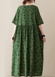 Bohemian Green O-Neck Wrinkled Exra Large Hem Print Cotton Long Dress Summer