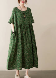 Bohemian Green O-Neck Wrinkled Exra Large Hem Print Cotton Long Dress Summer