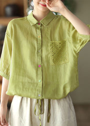 Bohemian Green Peter Pan Collar Drawstring Button Linen Shirt Top Short Sleeve